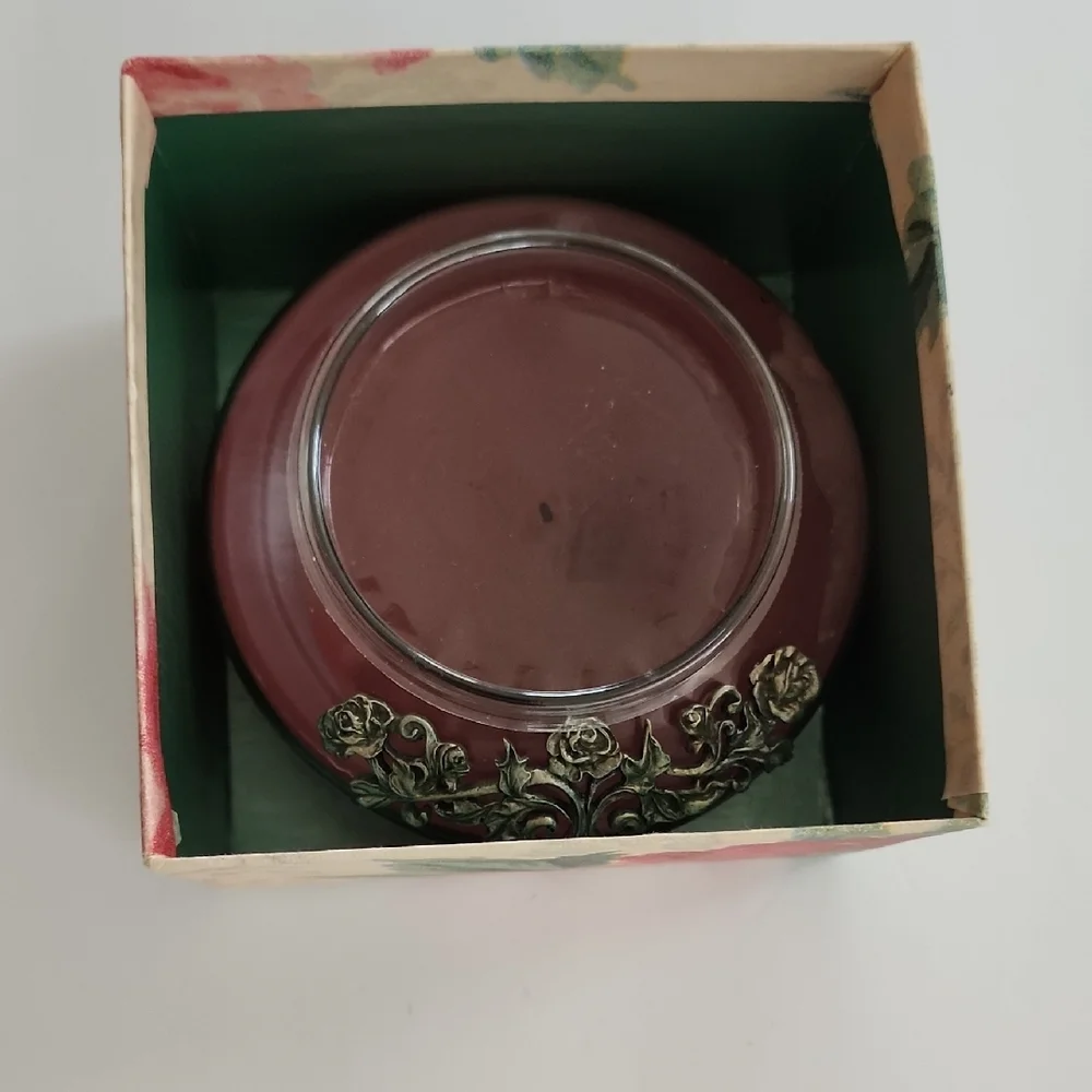 Decorative Pink Glass Candle Bowl with Floral Metal Trim Rose Scented Candle